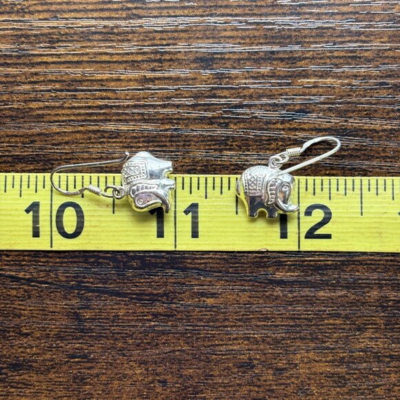 VTG Sterling Silver 925 Elephant Textured Dangle Earrings Size 1" Length - Picture 9 of 10